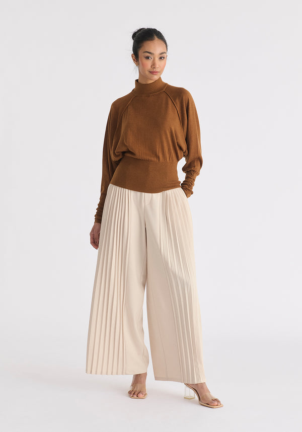 Mock Neck Batwing Jumper with Ruched Cuffs in Brown